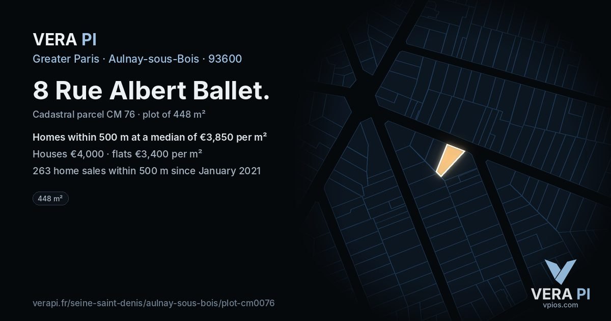 8 Rue Albert Ballet, Aulnay-sous-Bois at night – the plot lit, the parcels around coloured by the prices near them