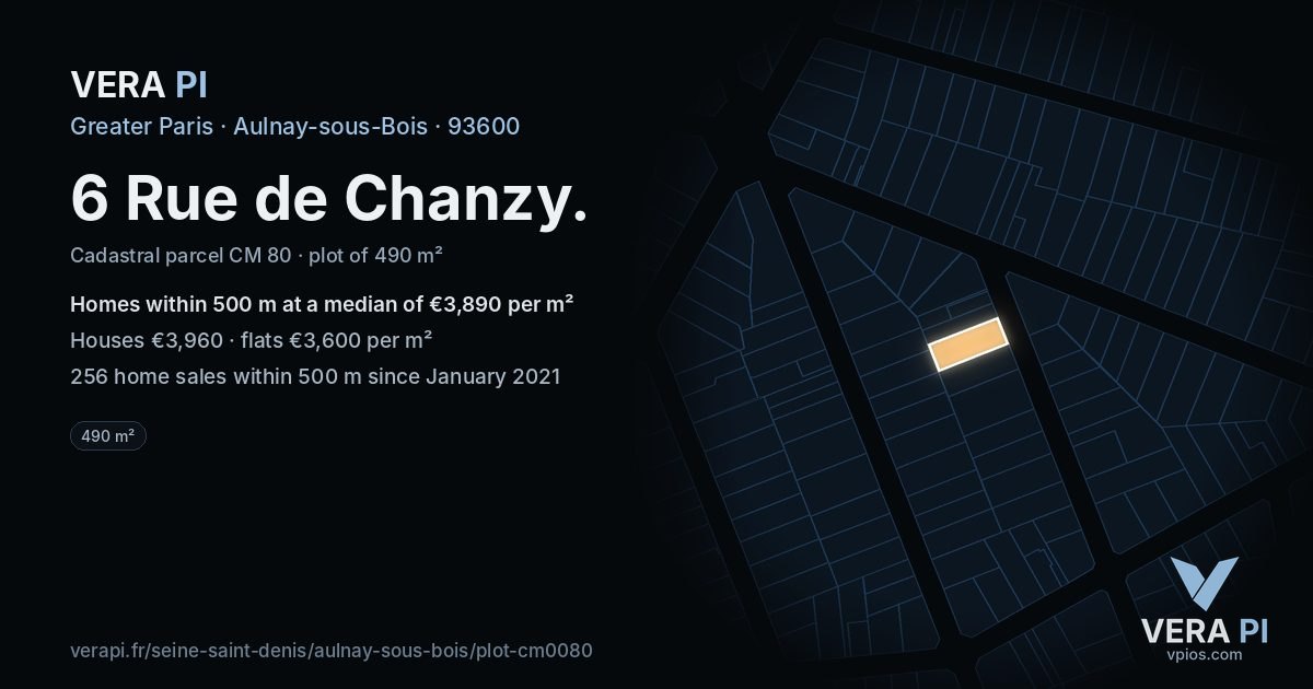 6 Rue de Chanzy, Aulnay-sous-Bois at night – the plot lit, the parcels around coloured by the prices near them