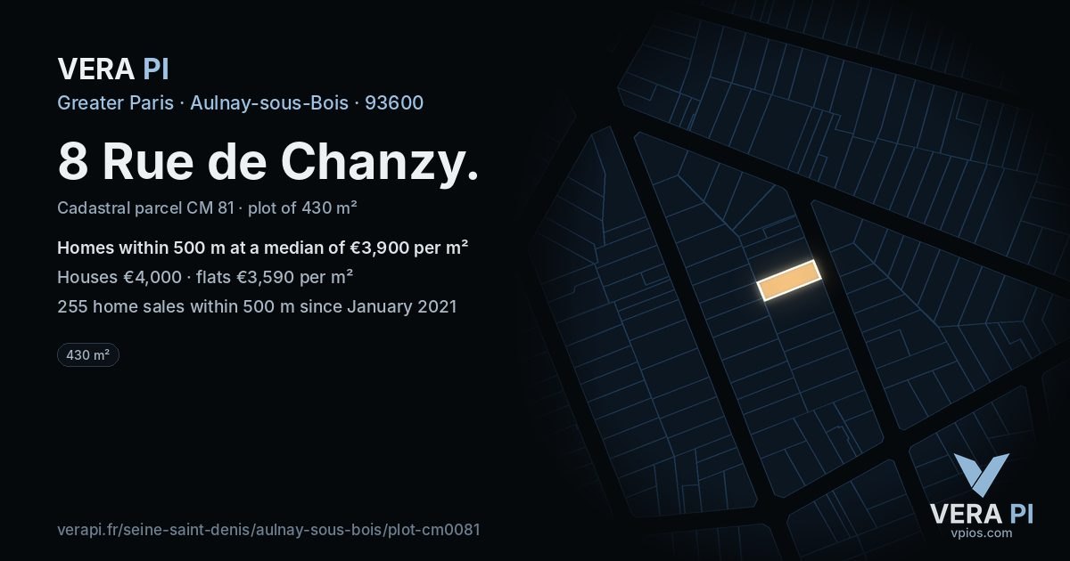 8 Rue de Chanzy, Aulnay-sous-Bois at night – the plot lit, the parcels around coloured by the prices near them