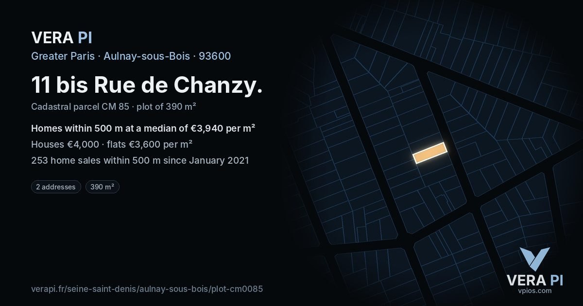 11 bis Rue de Chanzy, Aulnay-sous-Bois at night – the plot lit, the parcels around coloured by the prices near them
