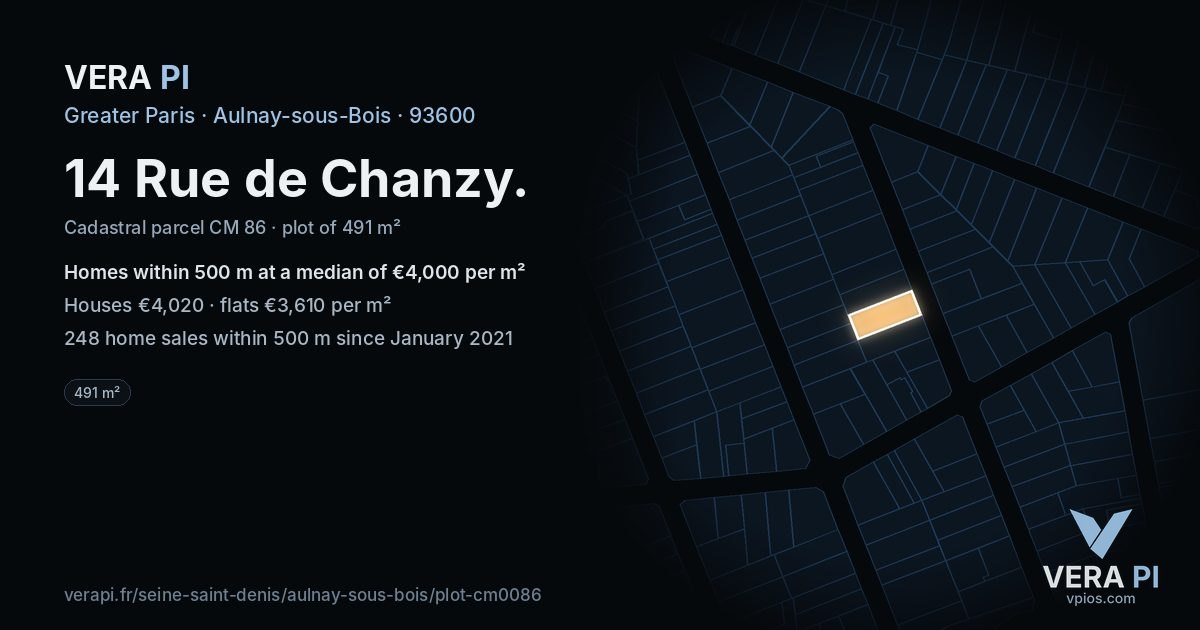 14 Rue de Chanzy, Aulnay-sous-Bois at night – the plot lit, the parcels around coloured by the prices near them