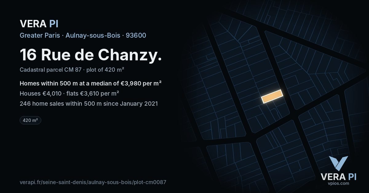 16 Rue de Chanzy, Aulnay-sous-Bois at night – the plot lit, the parcels around coloured by the prices near them