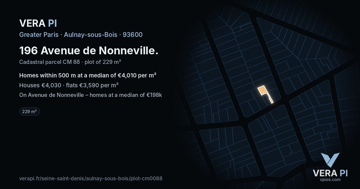 196 Avenue de Nonneville, Aulnay-sous-Bois at night – the plot lit, the parcels around coloured by the prices near them