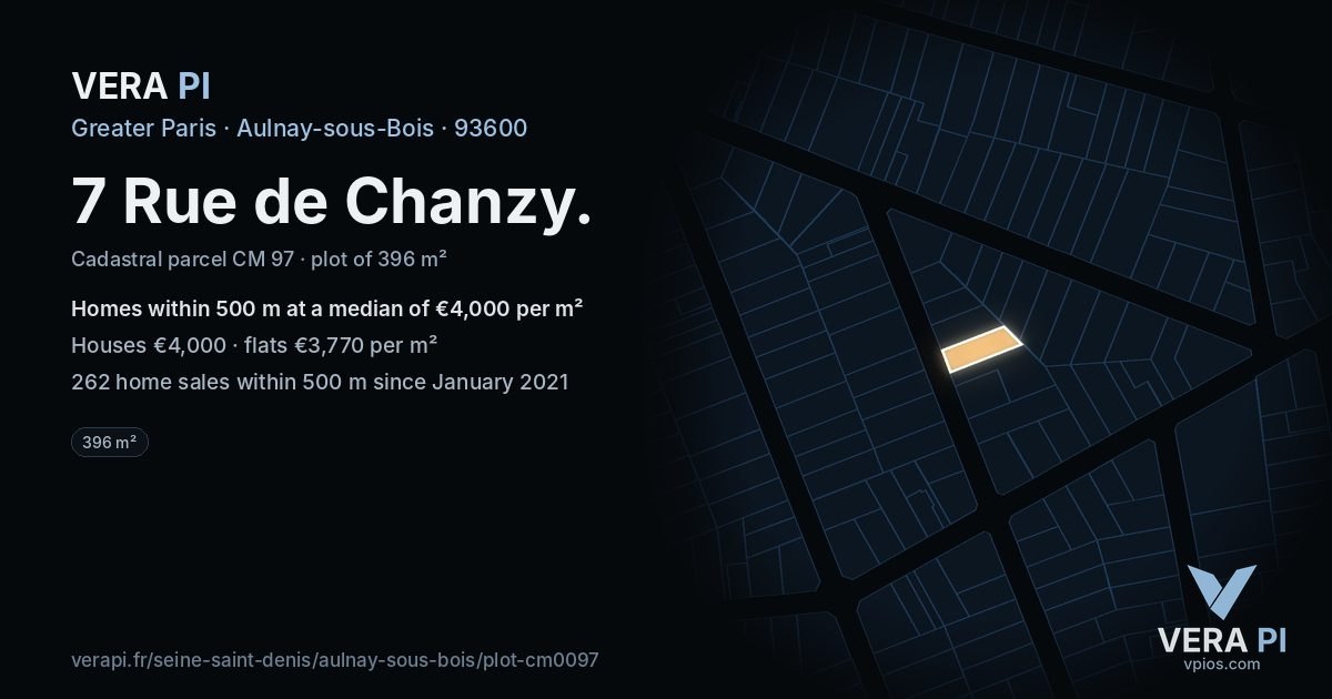 7 Rue de Chanzy, Aulnay-sous-Bois at night – the plot lit, the parcels around coloured by the prices near them