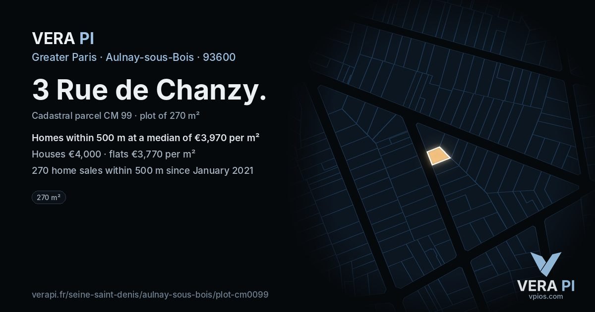 3 Rue de Chanzy, Aulnay-sous-Bois at night – the plot lit, the parcels around coloured by the prices near them