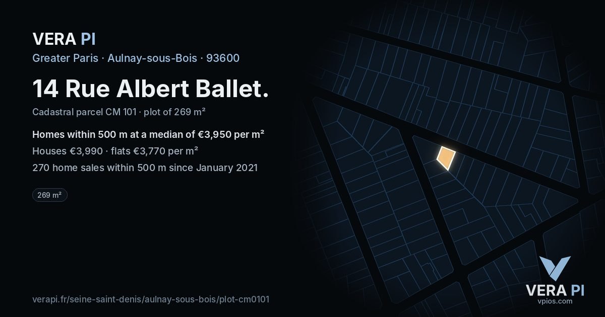 14 Rue Albert Ballet, Aulnay-sous-Bois at night – the plot lit, the parcels around coloured by the prices near them