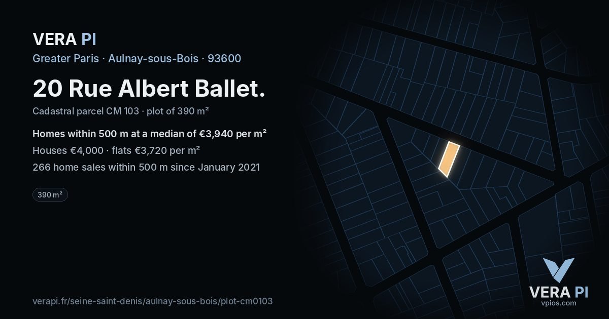 20 Rue Albert Ballet, Aulnay-sous-Bois at night – the plot lit, the parcels around coloured by the prices near them