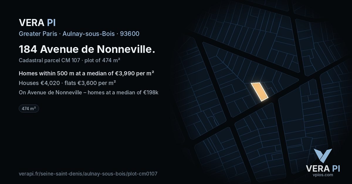 184 Avenue de Nonneville, Aulnay-sous-Bois at night – the plot lit, the parcels around coloured by the prices near them