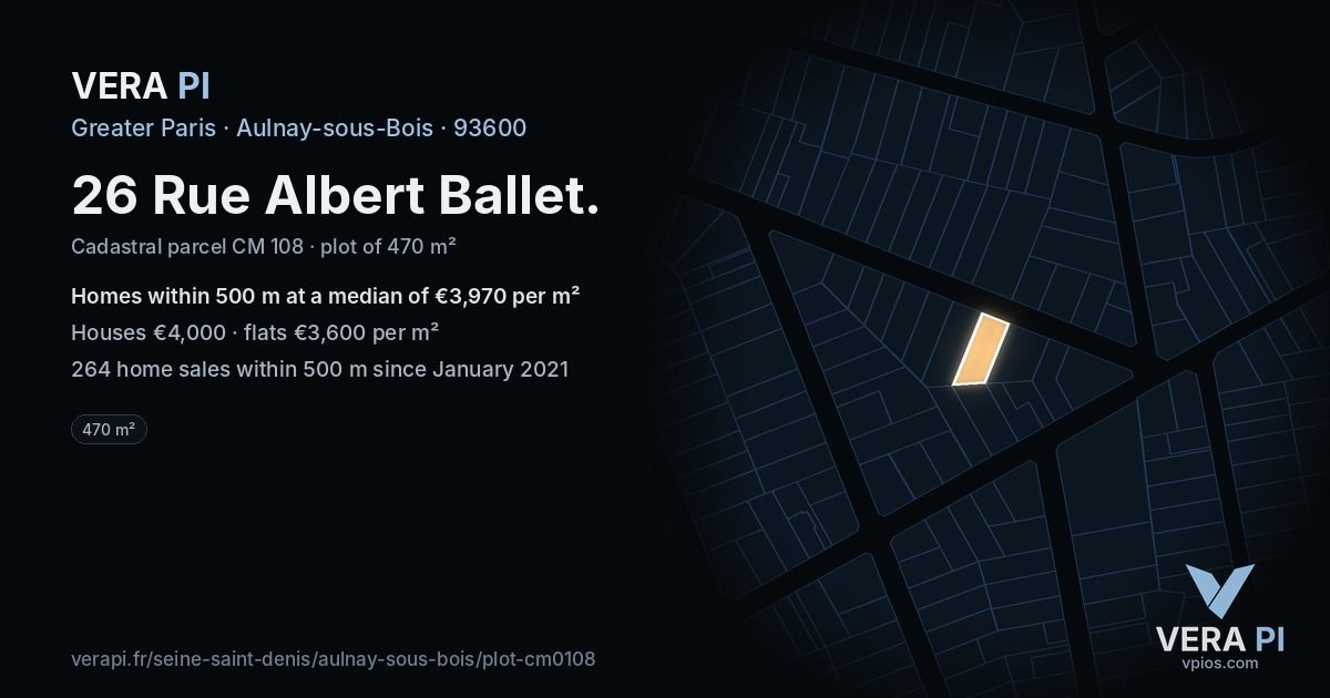 26 Rue Albert Ballet, Aulnay-sous-Bois at night – the plot lit, the parcels around coloured by the prices near them