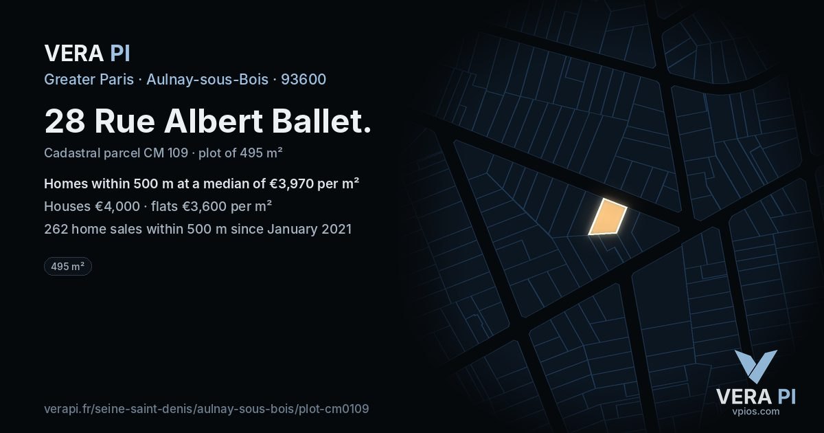 28 Rue Albert Ballet, Aulnay-sous-Bois at night – the plot lit, the parcels around coloured by the prices near them