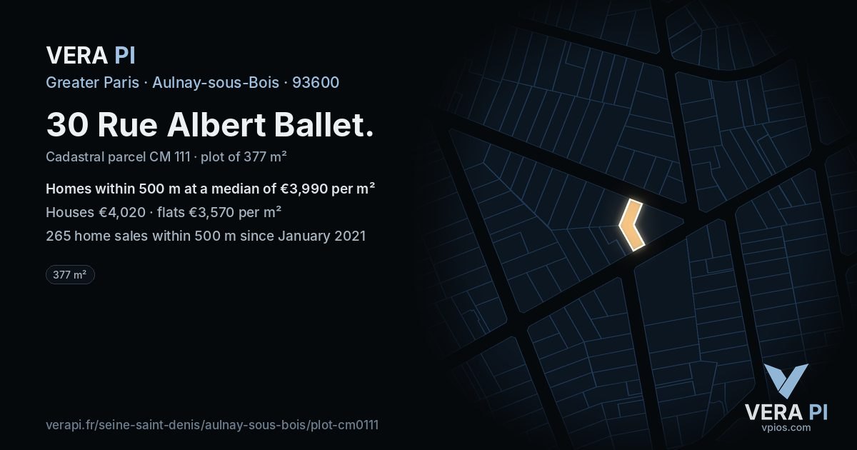 30 Rue Albert Ballet, Aulnay-sous-Bois at night – the plot lit, the parcels around coloured by the prices near them