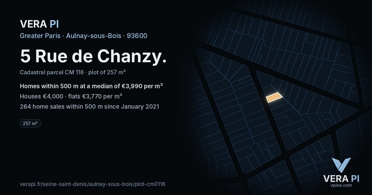 5 Rue de Chanzy, Aulnay-sous-Bois at night – the plot lit, the parcels around coloured by the prices near them