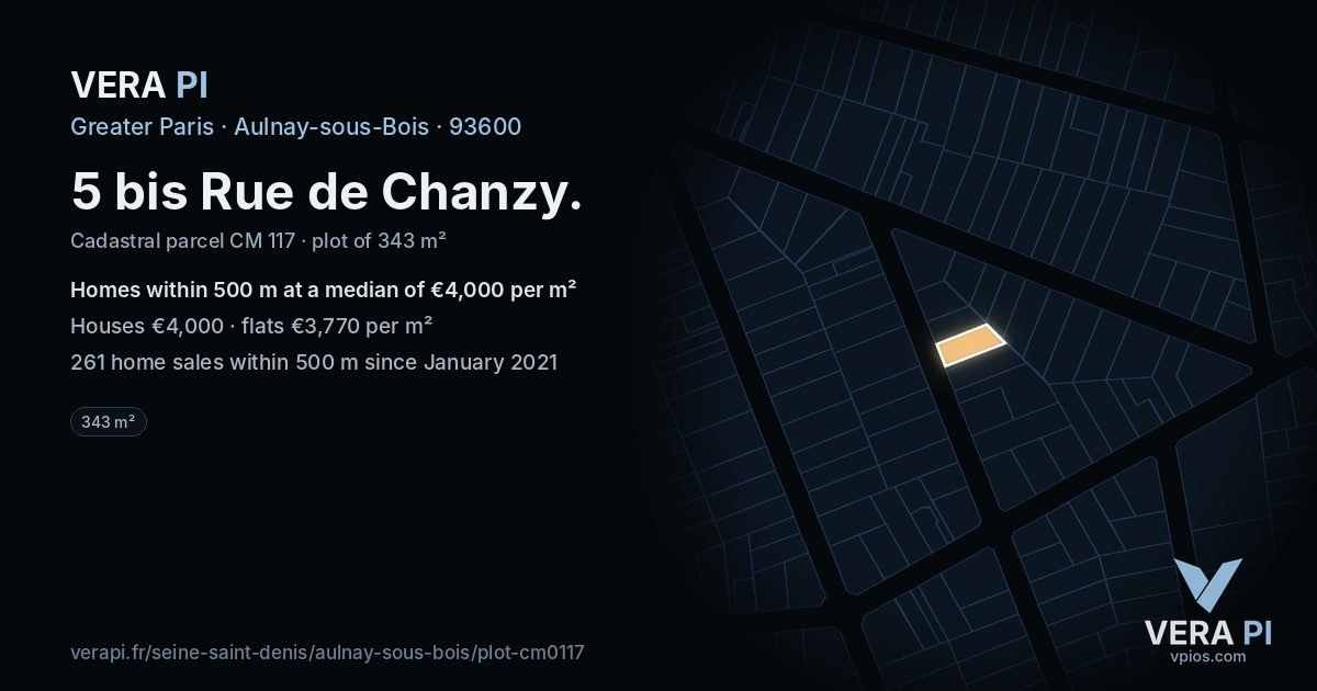 5 bis Rue de Chanzy, Aulnay-sous-Bois at night – the plot lit, the parcels around coloured by the prices near them