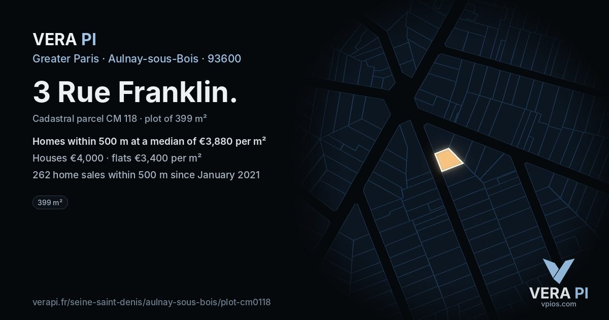 3 Rue Franklin, Aulnay-sous-Bois at night – the plot lit, the parcels around coloured by the prices near them