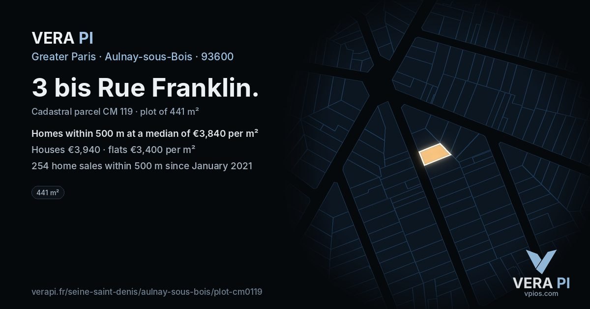3 bis Rue Franklin, Aulnay-sous-Bois at night – the plot lit, the parcels around coloured by the prices near them