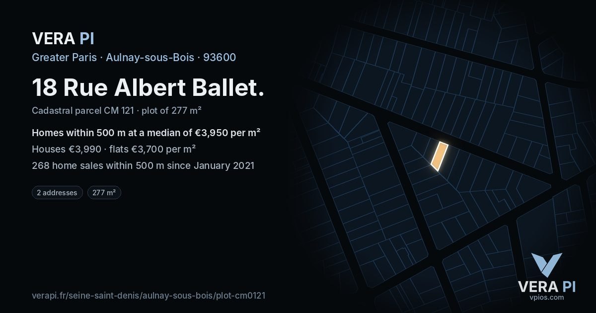 18 Rue Albert Ballet, Aulnay-sous-Bois at night – the plot lit, the parcels around coloured by the prices near them
