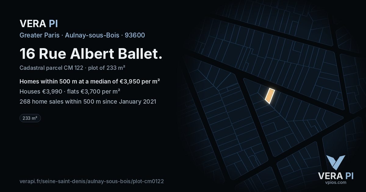 16 Rue Albert Ballet, Aulnay-sous-Bois at night – the plot lit, the parcels around coloured by the prices near them
