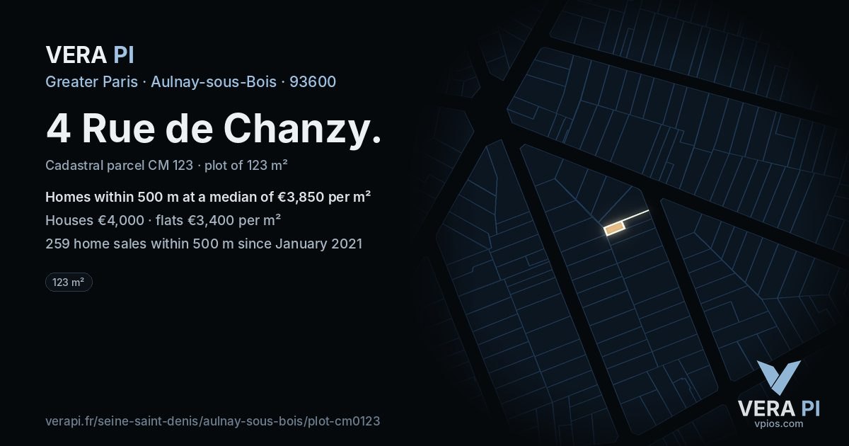 4 Rue de Chanzy, Aulnay-sous-Bois at night – the plot lit, the parcels around coloured by the prices near them