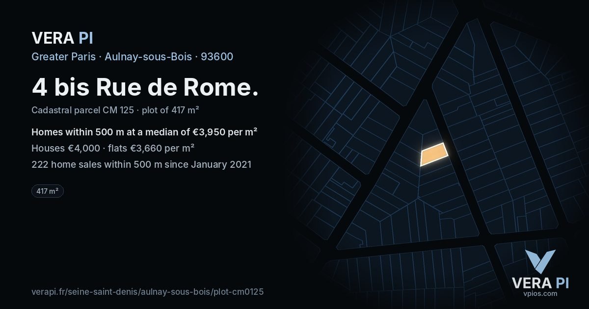 4 bis Rue de Rome, Aulnay-sous-Bois at night – the plot lit, the parcels around coloured by the prices near them