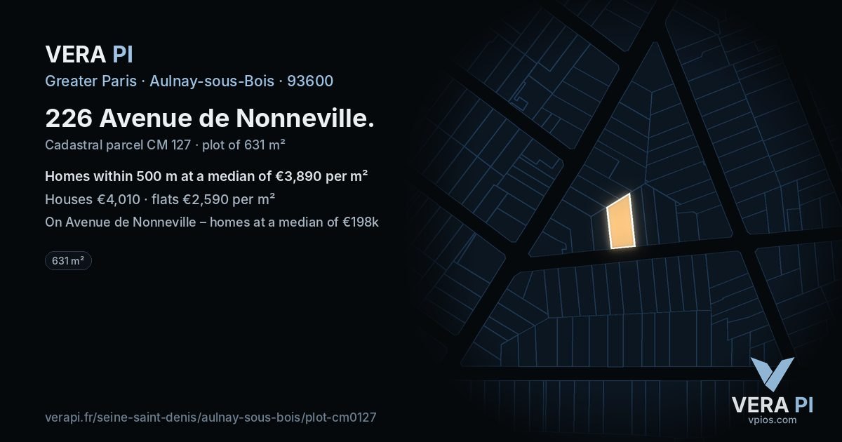 226 Avenue de Nonneville, Aulnay-sous-Bois at night – the plot lit, the parcels around coloured by the prices near them