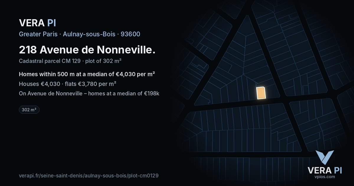 218 Avenue de Nonneville, Aulnay-sous-Bois at night – the plot lit, the parcels around coloured by the prices near them