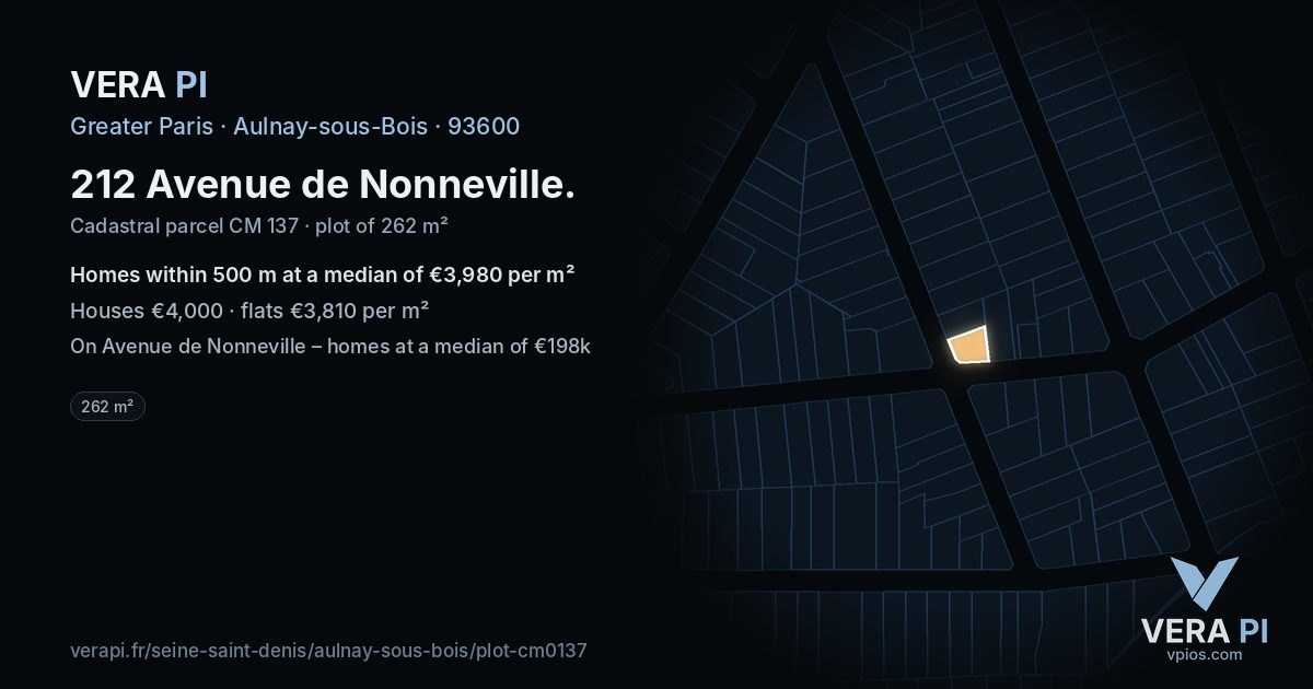 212 Avenue de Nonneville, Aulnay-sous-Bois at night – the plot lit, the parcels around coloured by the prices near them