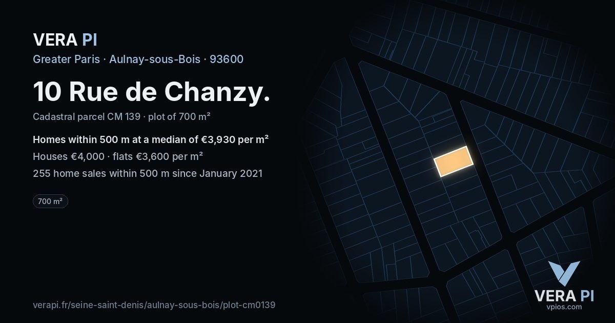 10 Rue de Chanzy, Aulnay-sous-Bois at night – the plot lit, the parcels around coloured by the prices near them
