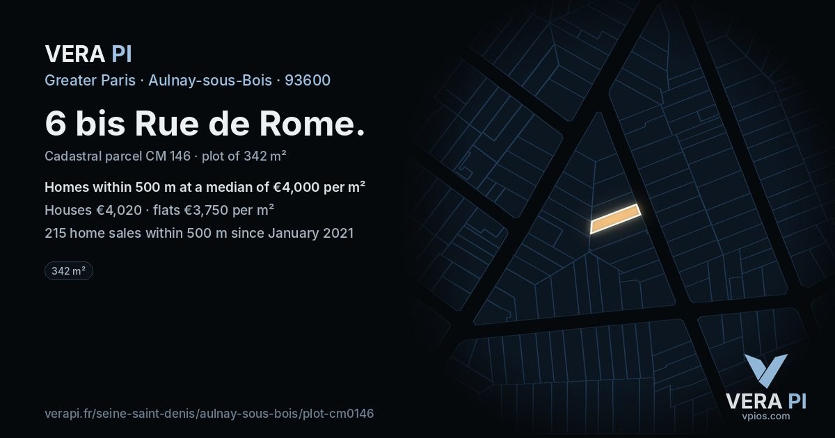 6 bis Rue de Rome, Aulnay-sous-Bois at night – the plot lit, the parcels around coloured by the prices near them