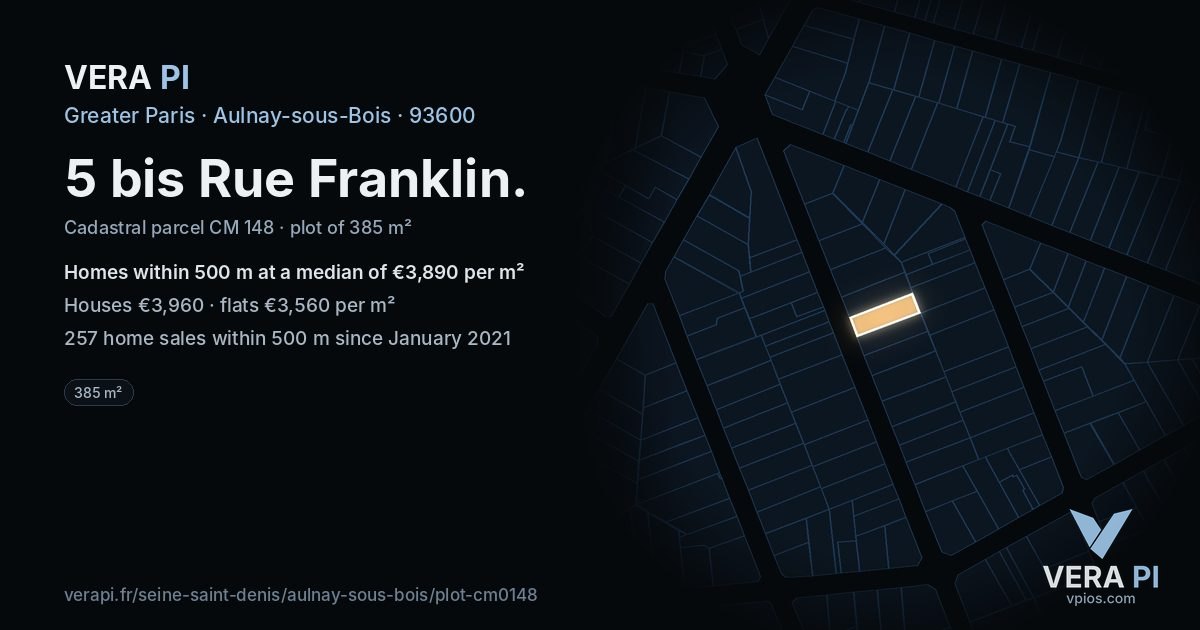 5 bis Rue Franklin, Aulnay-sous-Bois at night – the plot lit, the parcels around coloured by the prices near them