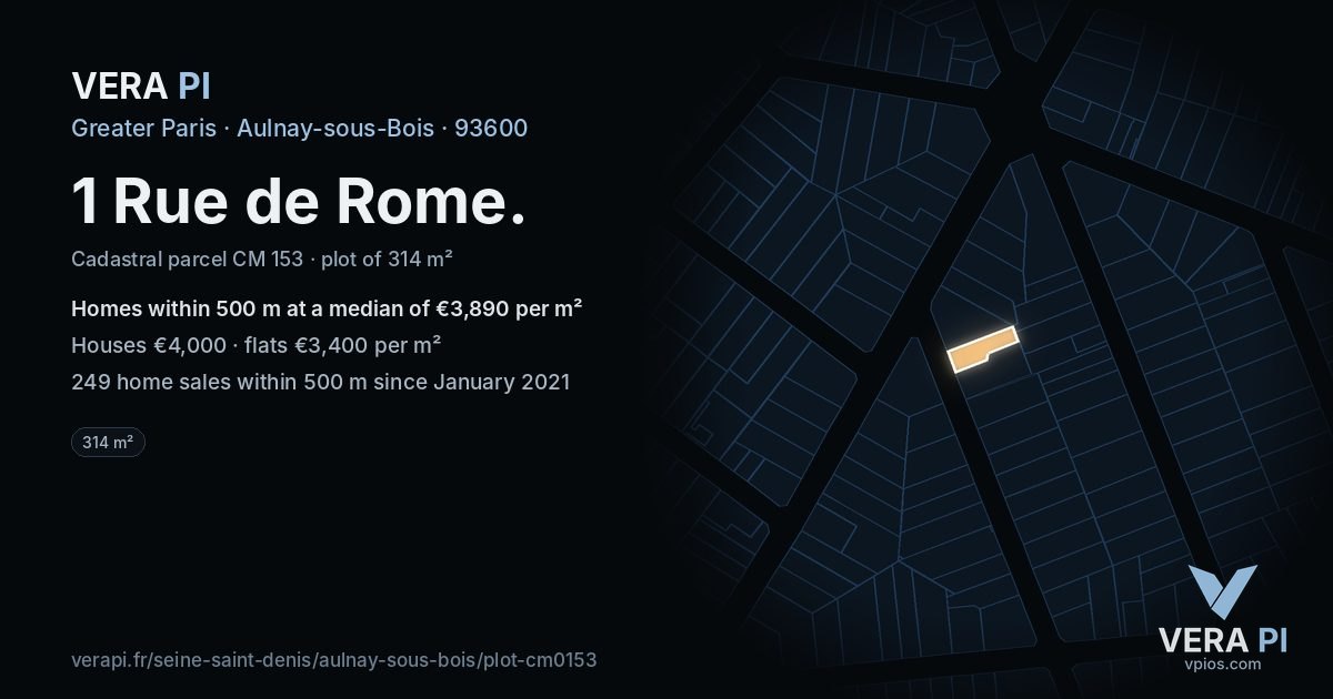 1 Rue de Rome, Aulnay-sous-Bois at night – the plot lit, the parcels around coloured by the prices near them