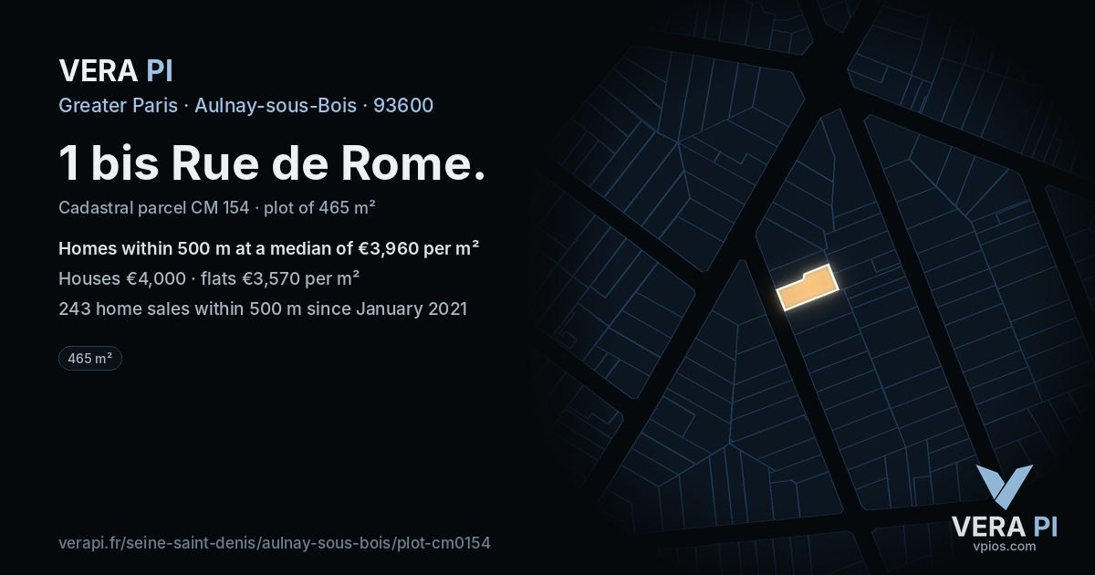 1 bis Rue de Rome, Aulnay-sous-Bois at night – the plot lit, the parcels around coloured by the prices near them