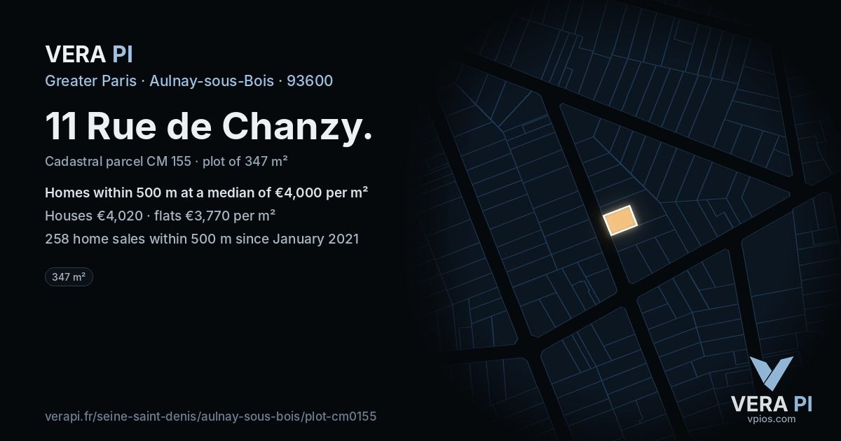 11 Rue de Chanzy, Aulnay-sous-Bois at night – the plot lit, the parcels around coloured by the prices near them