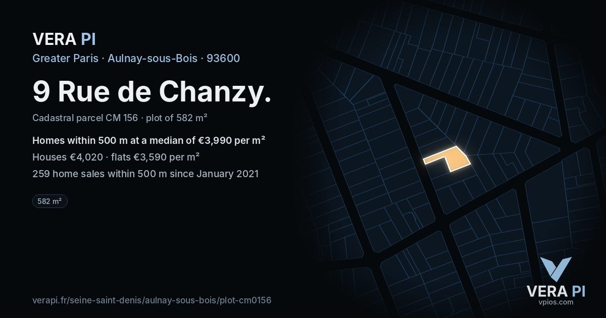 9 Rue de Chanzy, Aulnay-sous-Bois at night – the plot lit, the parcels around coloured by the prices near them