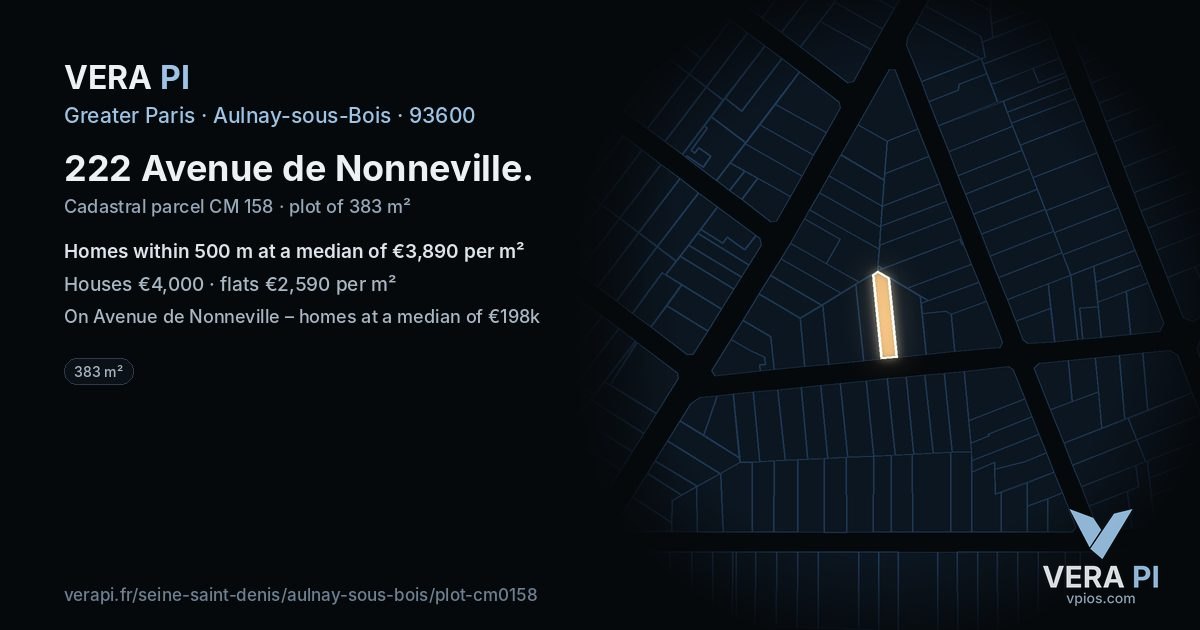 222 Avenue de Nonneville, Aulnay-sous-Bois at night – the plot lit, the parcels around coloured by the prices near them