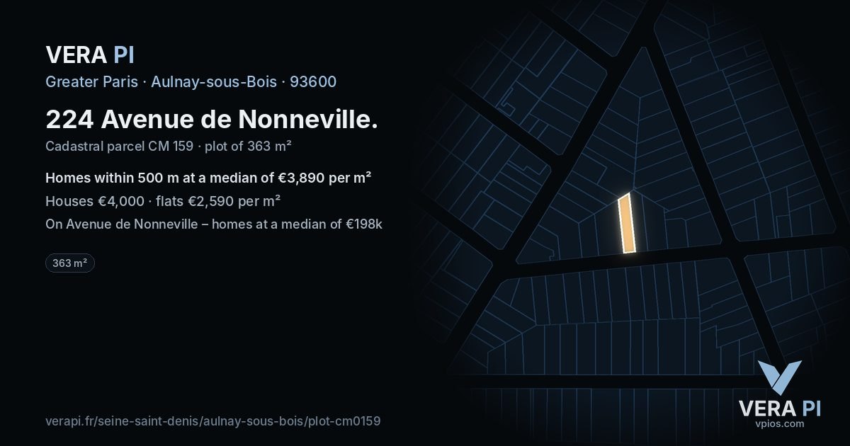 224 Avenue de Nonneville, Aulnay-sous-Bois at night – the plot lit, the parcels around coloured by the prices near them