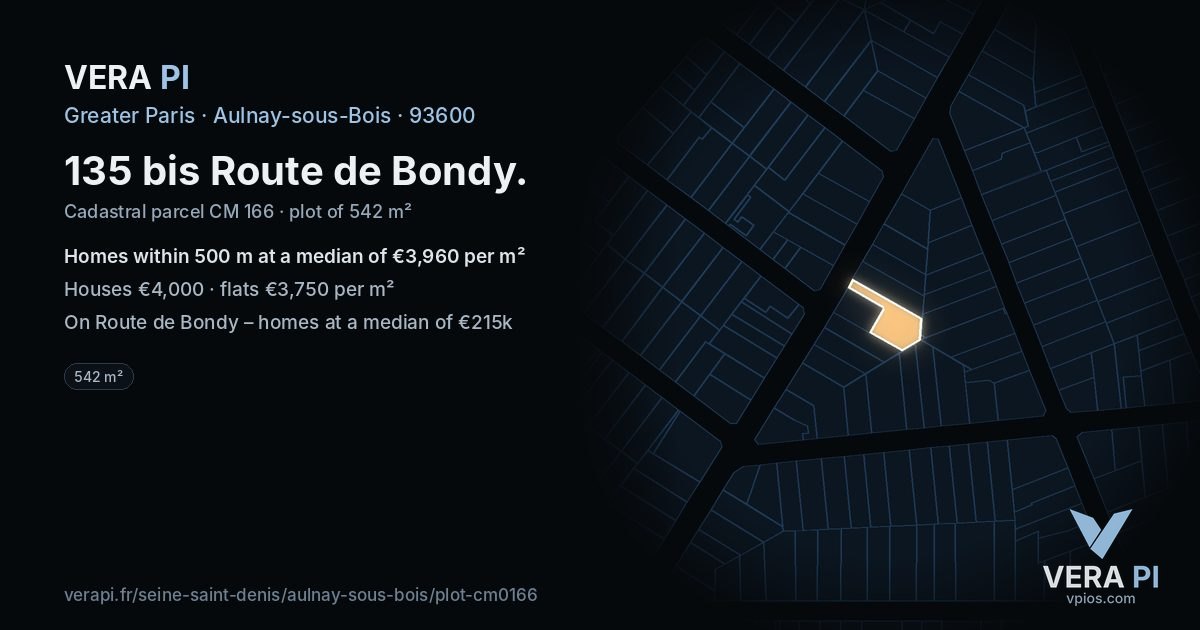 135 bis Route de Bondy, Aulnay-sous-Bois at night – the plot lit, the parcels around coloured by the prices near them