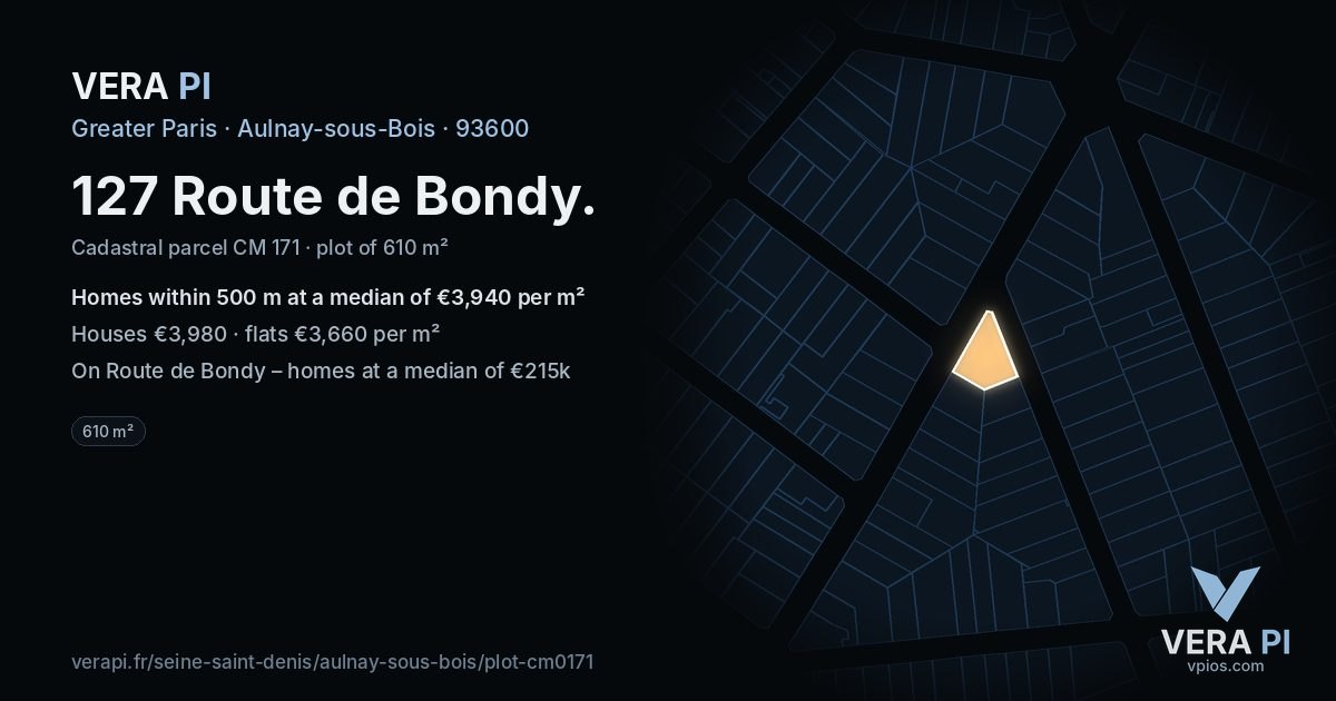 127 Route de Bondy, Aulnay-sous-Bois at night – the plot lit, the parcels around coloured by the prices near them
