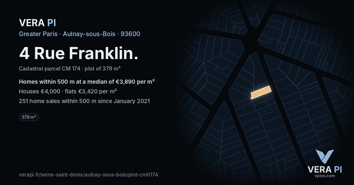 4 Rue Franklin, Aulnay-sous-Bois at night – the plot lit, the parcels around coloured by the prices near them