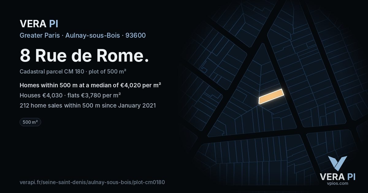8 Rue de Rome, Aulnay-sous-Bois at night – the plot lit, the parcels around coloured by the prices near them