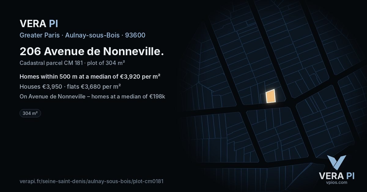 206 Avenue de Nonneville, Aulnay-sous-Bois at night – the plot lit, the parcels around coloured by the prices near them