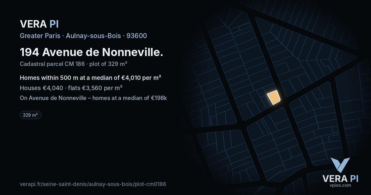 194 Avenue de Nonneville, Aulnay-sous-Bois at night – the plot lit, the parcels around coloured by the prices near them