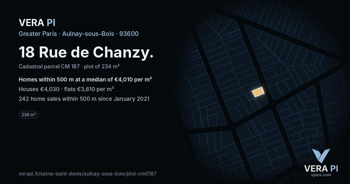 18 Rue de Chanzy, Aulnay-sous-Bois at night – the plot lit, the parcels around coloured by the prices near them