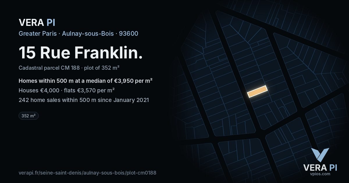 15 Rue Franklin, Aulnay-sous-Bois at night – the plot lit, the parcels around coloured by the prices near them