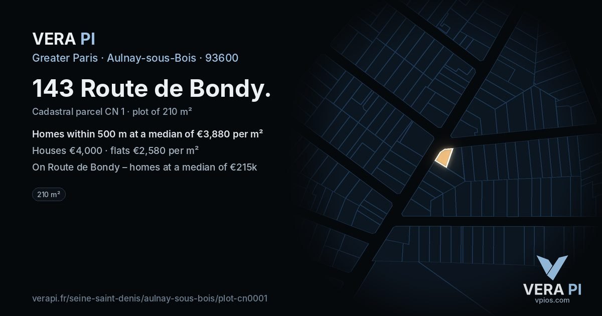 143 Route de Bondy, Aulnay-sous-Bois at night – the plot lit, the parcels around coloured by the prices near them