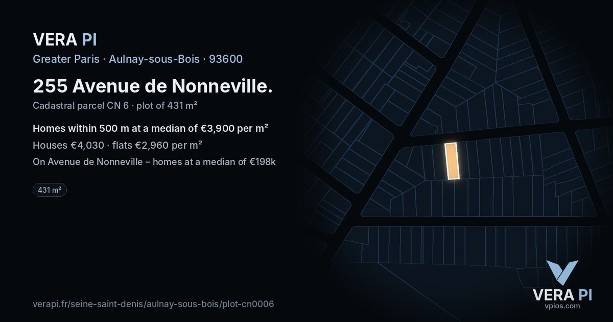 255 Avenue de Nonneville, Aulnay-sous-Bois at night – the plot lit, the parcels around coloured by the prices near them