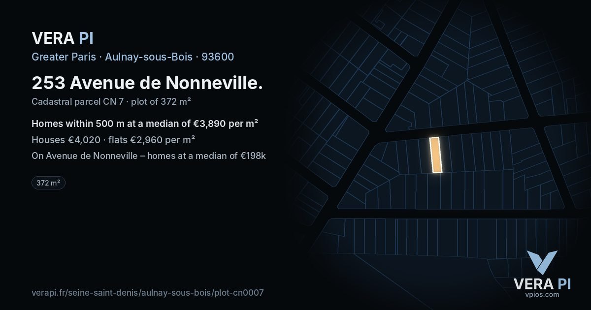 253 Avenue de Nonneville, Aulnay-sous-Bois at night – the plot lit, the parcels around coloured by the prices near them