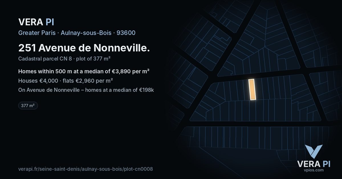 251 Avenue de Nonneville, Aulnay-sous-Bois at night – the plot lit, the parcels around coloured by the prices near them
