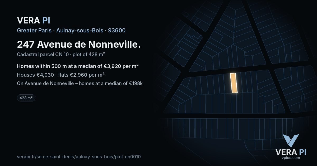 247 Avenue de Nonneville, Aulnay-sous-Bois at night – the plot lit, the parcels around coloured by the prices near them