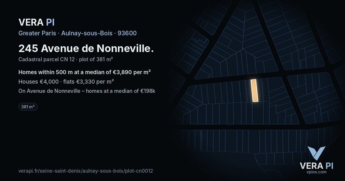 245 Avenue de Nonneville, Aulnay-sous-Bois at night – the plot lit, the parcels around coloured by the prices near them