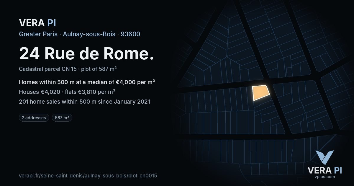 24 Rue de Rome, Aulnay-sous-Bois at night – the plot lit, the parcels around coloured by the prices near them